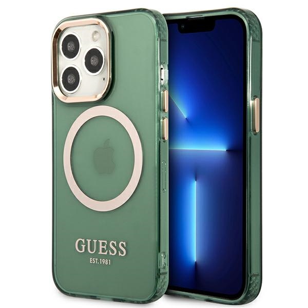 Guess GUHMP13LHTCMA iPhone 13 Pro / 13 6.1" zaļš/khaki cietais viedtālruņa apvalks ar zelta kontūru, caurspīdīgs Magnētiskais MagSafe