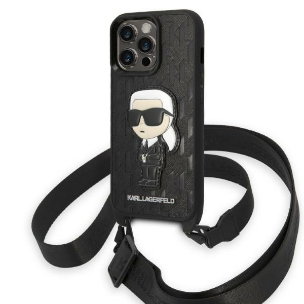 Karl Lagerfeld KLHCP14LSTKMK iPhone 14 Pro 6.1" cietais viedtālruņa apvalks melns/melns Monogrammas Ikonik Patch