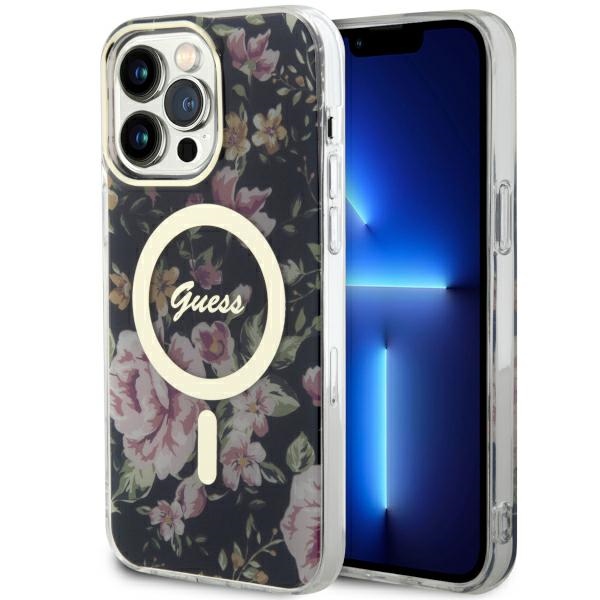 Guess GUHMP14XHCFWSK iPhone 14 Pro Max 6.7" melns cietais viedtālruņa apvalks Flower Magnētiskais