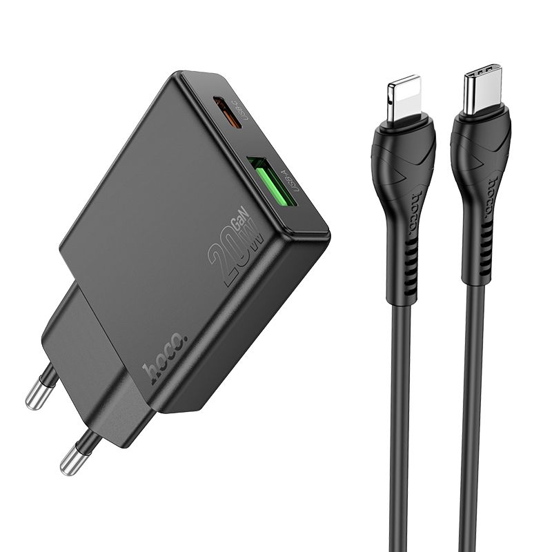 Viedtālruņa lādētājs Hoco Slim USB A + USB C QC3.0 PD 3A 20W + kabelis USB C uz Lightning N38 melns