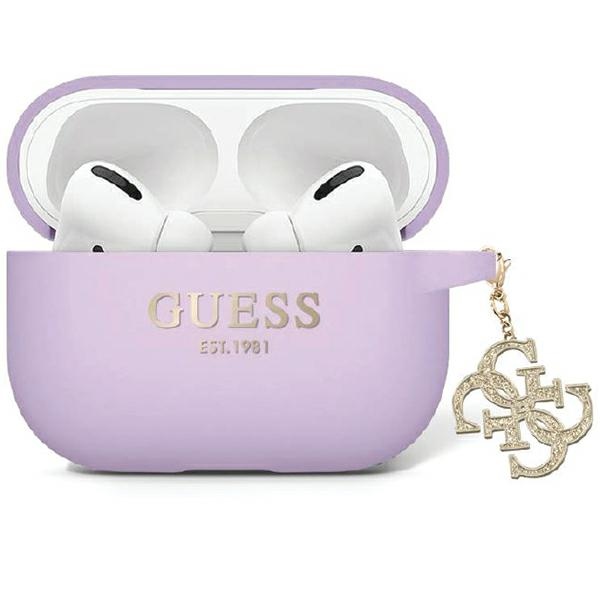 Guess GUAP2LECG4U apvalks AirPods Pro 2 vāciņam - violeta šķidrā silikona mirdzošā trijstūra piekariņš