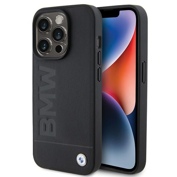 BMW Ādas Hot Stamp viedtālruņa apvalks iPhone 15 Pro Max - melns
