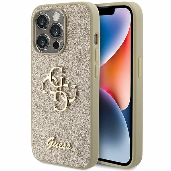 Guess Glitter Script Big 4G viedtālruņa apvalks iPhone 15 Pro – zeltains
