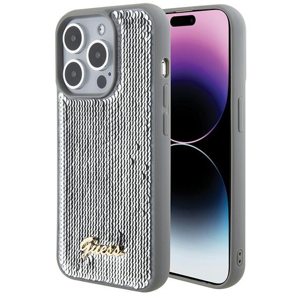 Guess Spīguļu Metāla Uzraksts viedtālruņa apvalks iPhone 15 Pro - sudraba