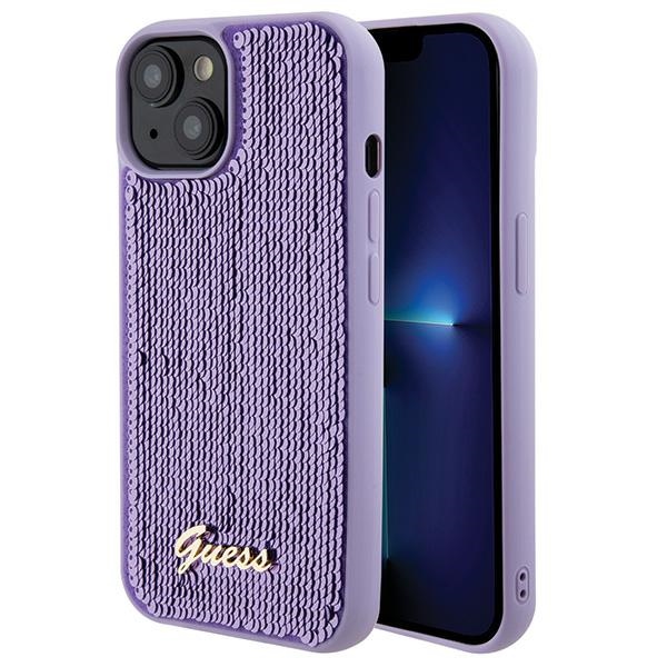 Guess Sequin Script Metal viedtālruņa apvalks iPhone 15 - violeta