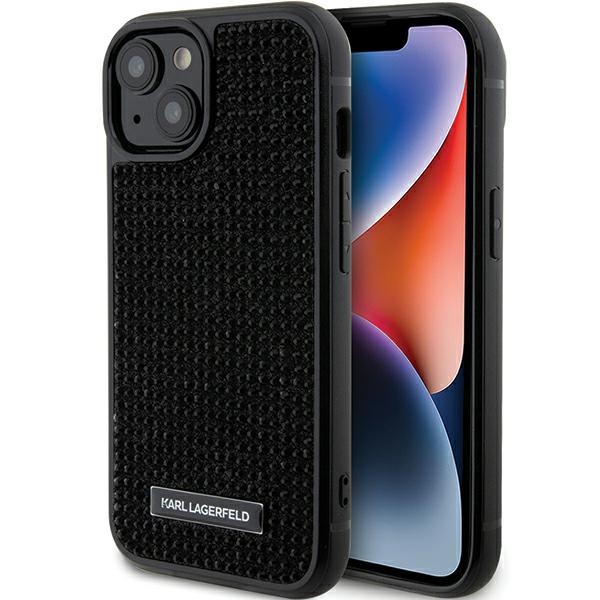 Karl Lagerfeld Rhinestone logotips metāla plāksne apvalks iPhone 15 - melns