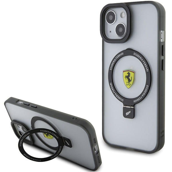 Ferrari FEHMP15SUSCAK iPhone 15 6.1" melns/melns cietais apvalks ar gredzena statīvu 2023 kolekcija Magnētiskais
