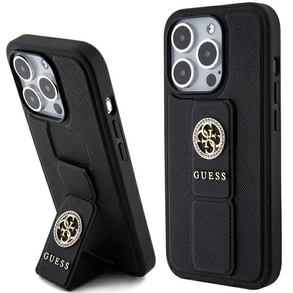 Guess viedtālruņa apvalks ar statīvu Grip Stand 4G Saffiano Strass iPhone 15 Pro Max - melns