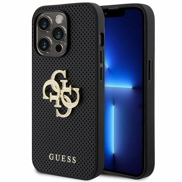 Guess ādas perforēts viedtālruņa apvalks ar spīdīgu logo 4G iPhone 15 Pro Max - melns