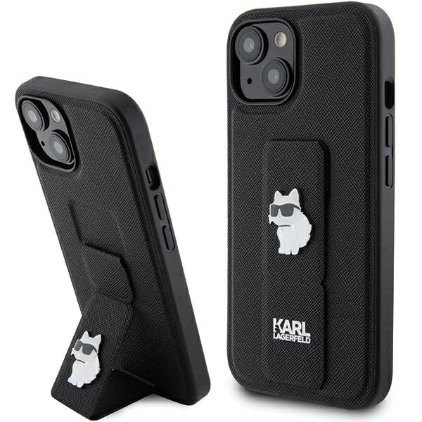Karl Lagerfeld Gripstand Saffiano Choupette Pins apvalks viedtālrunim iPhone 15 Plus / 14 Plus - melns