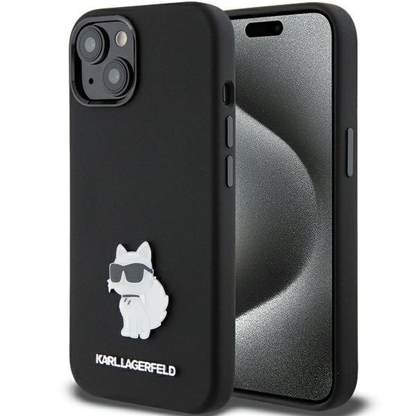 Karl Lagerfeld silikona Choupette Metal Pin viedtālruņa apvalks iPhone 15 Plus / 14 Plus - melns