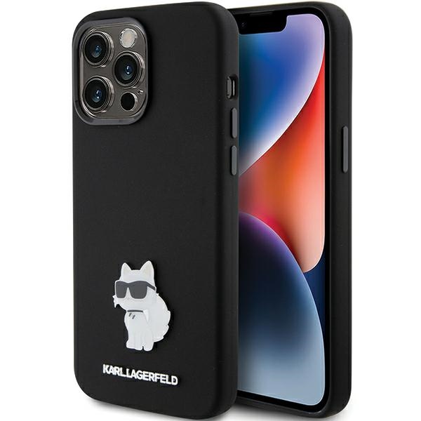 Karl Lagerfeld silikona Choupette Metal Pin viedtālruņa apvalks iPhone 15 Pro Max - melns
