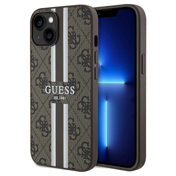 Guess 4G Printed Stripes Magnētiskais viedtālruņa apvalks iPhone 15/14/13 - brūns