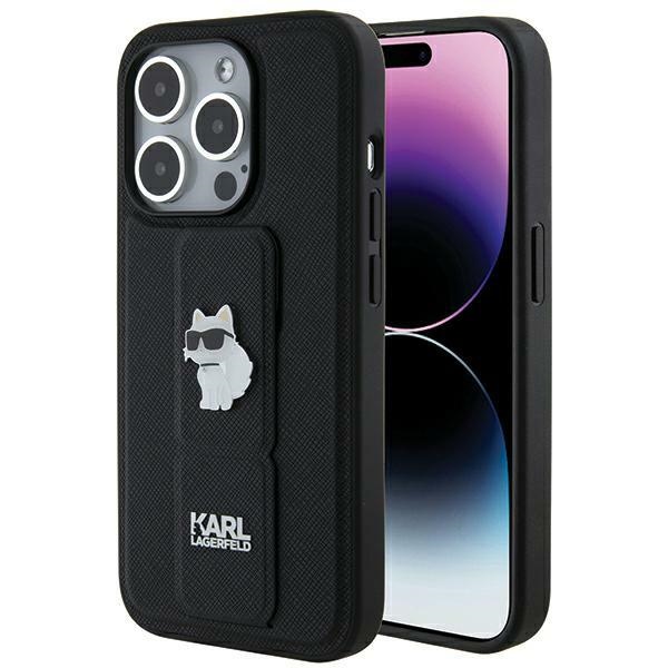 Karl Lagerfeld Gripstand Saffiano Choupette Pins viedtālruņa apvalks iPhone 14 Pro - melns