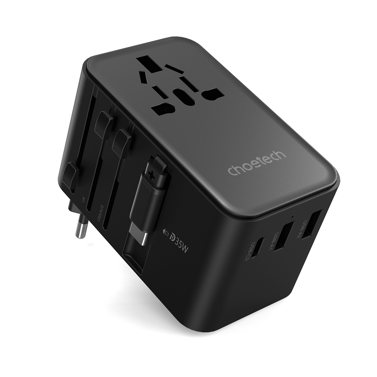 Ceļojumu adapteris Choetech PD5020 35W EU/US/AUS/UK ar iebūvētu USB-C kabeli (melns)