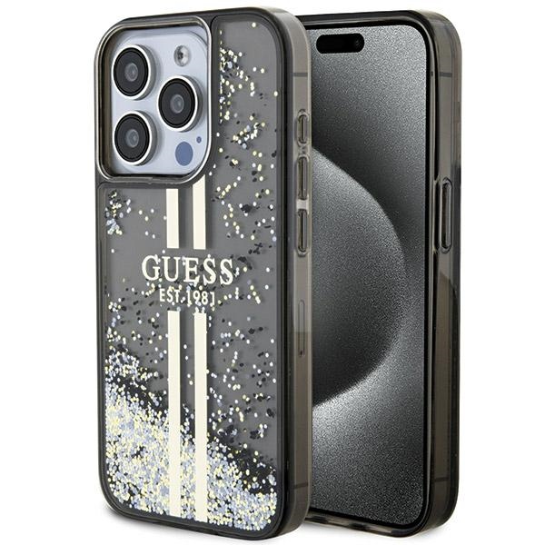 Guess Liquid Glitter Gold Stripes viedtālruņa apvalks iPhone 15 Pro - melns