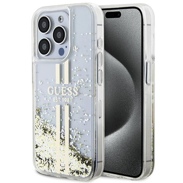 Guess Liquid Glitter Gold Stripes viedtālruņa apvalks iPhone 15 Pro - caurspīdīgs