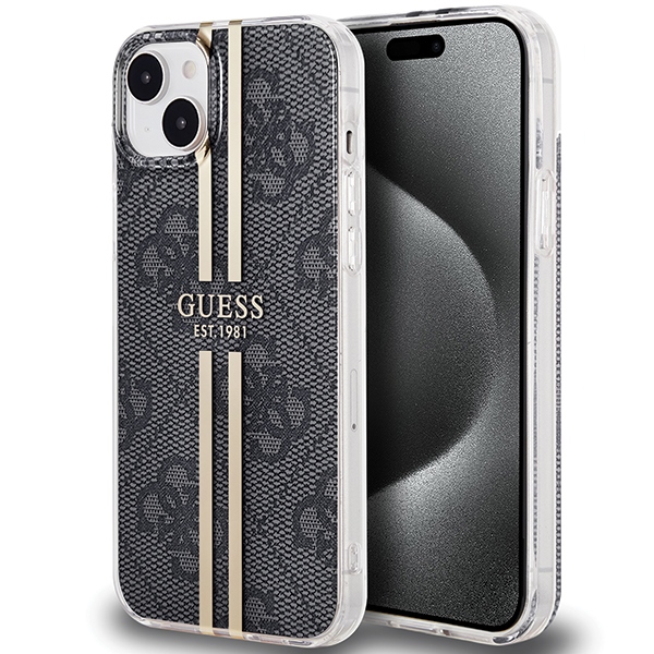 Guess IML 4G Gold Stripe viedtālruņa apvalks iPhone 15 Plus / 14 Plus - melns