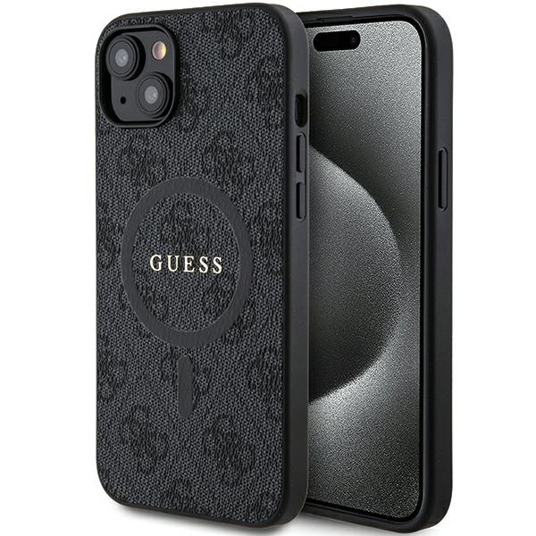 Guess 4G kolekcija ādas metāla logotips Magnētiskais apvalks iPhone 14/15/13 - melns