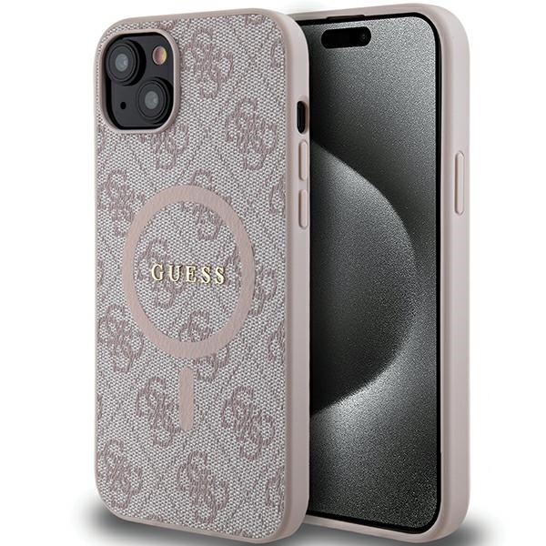 Guess 4G kolekcija ādas metāla logotips Magnētiskais apvalks iPhone 14/15/13 - rozā