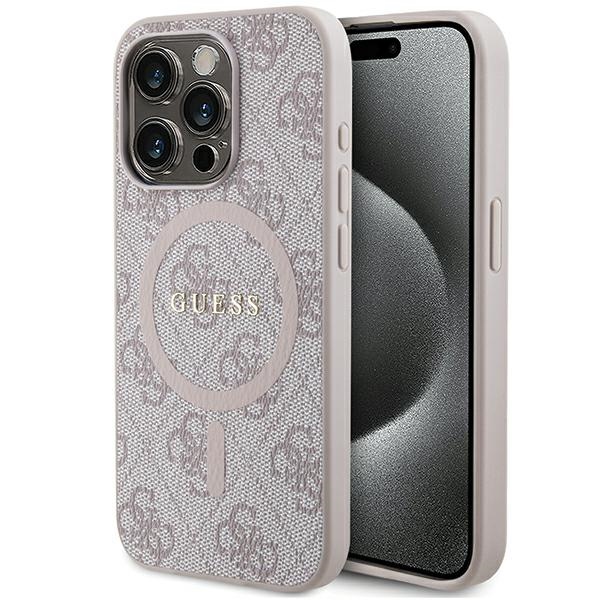 Guess 4G kolekcija ādas metāla logotips Magnētiskais apvalks iPhone 14 Pro Max - rozā