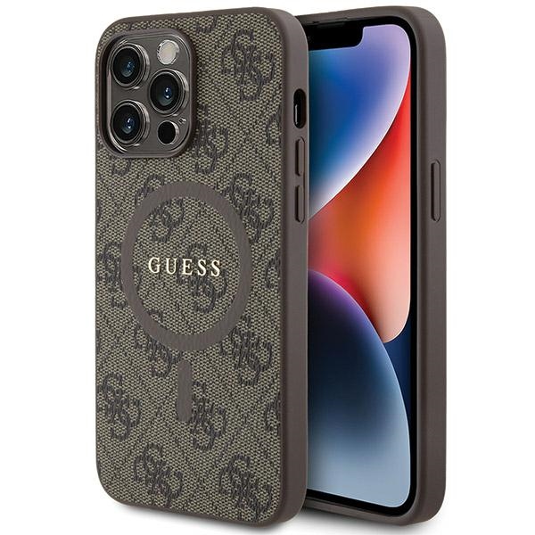 Guess GUHMP15LG4GFRW iPhone 15 Pro 6.1" brūns/brūns cietais apvalks 4G kolekcija ādas metāla logotips Magnētiskais
