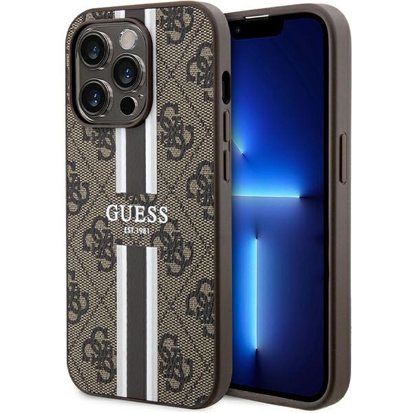 Guess 4G Printed Stripes MagSafe viedtālruņa apvalks iPhone 15 Pro - brūns