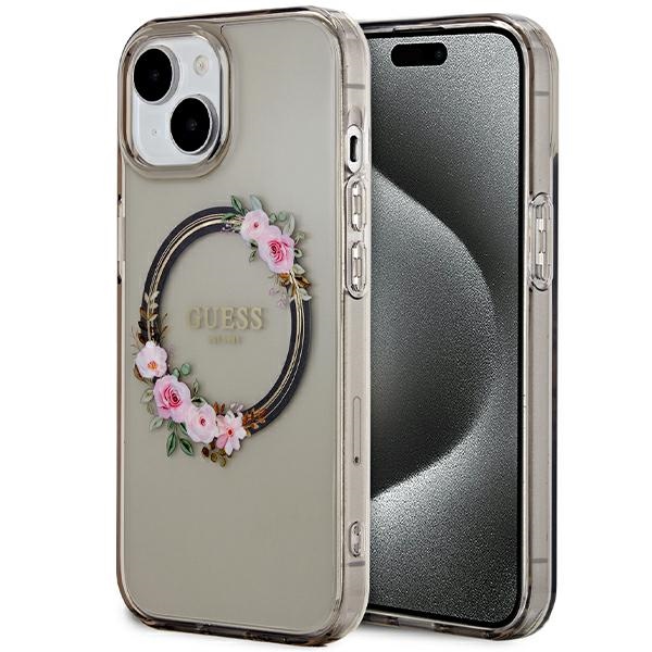 Guess IML Flowers Wreath MagSafe viedtālruņa apvalks iPhone 15 / 14 / 13 - melns