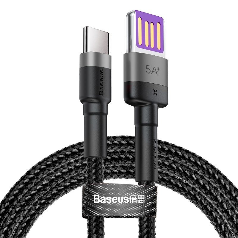 Baseus Cafule USB-C kabelis Huawei SuperCharge, QC 3.0, 5A 1m (melns + pelēks)