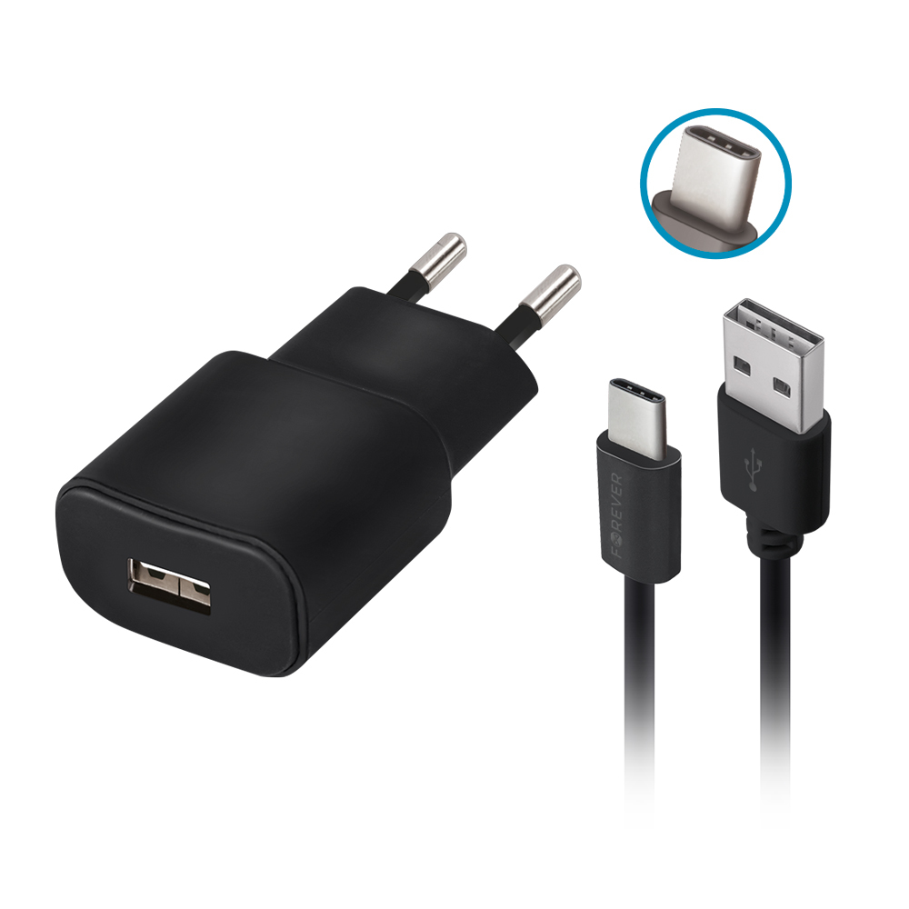Forever TC-01 lādētājs 1x USB 2A melns + USB-C kabelis