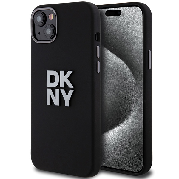 DKNY šķidrā silikona metāla logotipa viedtālruņa apvalks iPhone 15 Plus / 14 Plus - melns