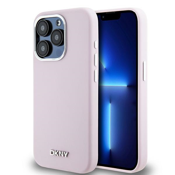 DKNY Šķidrs silikona mazs metāla logotips magnētiskais viedtālruņa apvalks iPhone 14 Pro - rozā