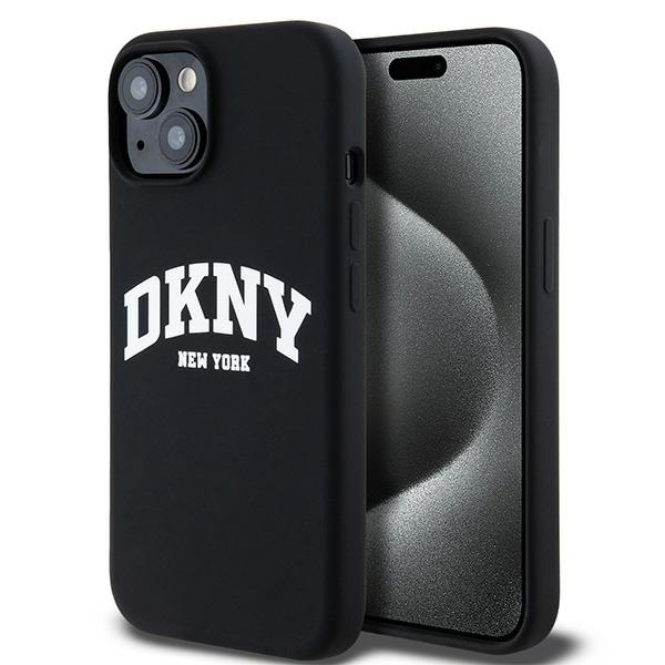 DKNY apvalks no šķidrā silikona MagSafe viedtālrunim iPhone 15 Plus / 14 Plus ar balto logotipu - melns (m)