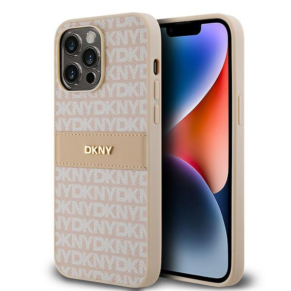 DKNY ādas mono svītra un metāla logotips viedtālruņa apvalks iPhone 14 Pro - rozā