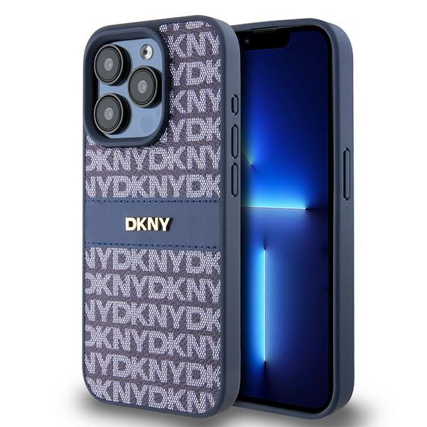 DKNY Ādas mono svītra un metāla logotips viedtālruņa apvalks iPhone 15 Pro - zils