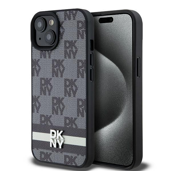 DKNY Ādas rūtainais mono raksts un drukātās svītras viedtālruņa apvalks iPhone 15 Plus / 14 Plus - melns