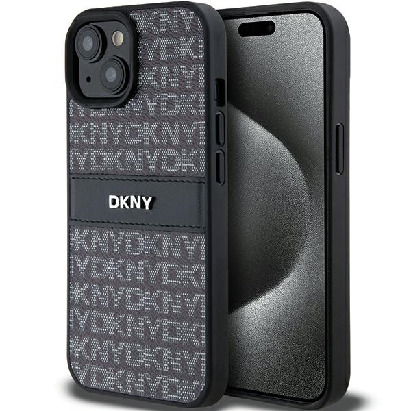 DKNY Ādas mono svītra un metāla logotips viedtālruņa apvalks iPhone 15 Plus / 14 Plus - melns