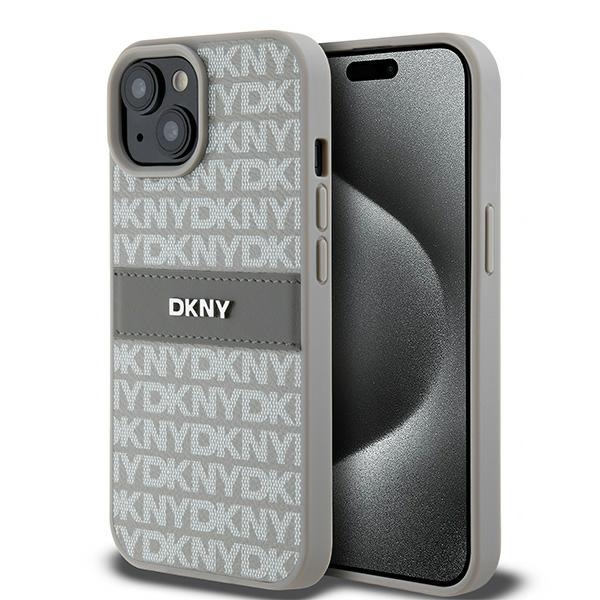 DKNY Ādas mono svītra un metāla logotips viedtālruņa apvalks iPhone 15 / 14 / 13 - bēšs