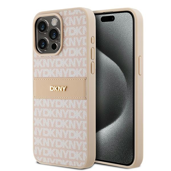 DKNY ādas Mono Stripe un Metal Logo viedtālruņa apvalks iPhone 15 Pro Max - rozā