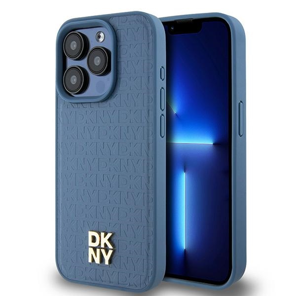 DKNY Ādas monogrammas raksta metāla logotips Magnētiskais viedtālruņa apvalks iPhone 15 Pro - zila