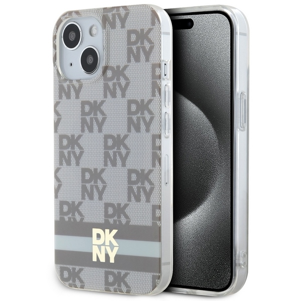 DKNY IML rūtainais mono raksts un drukātas svītras Magnētiskais viedtālruņa apvalks iPhone 15 Plus / 14 Plus - bēša