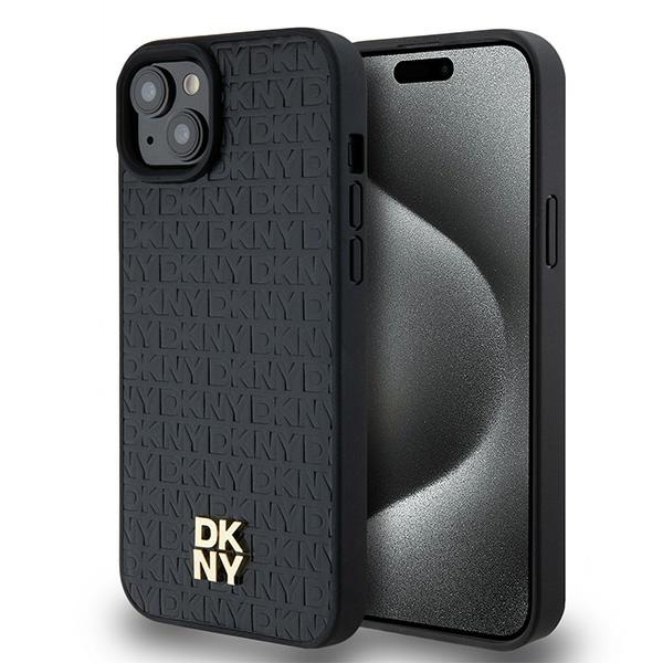 DKNY Ādas monogrammas raksta metāla logotips Magnētiskais viedtālruņa apvalks iPhone 15 Plus / 14 Plus - melna