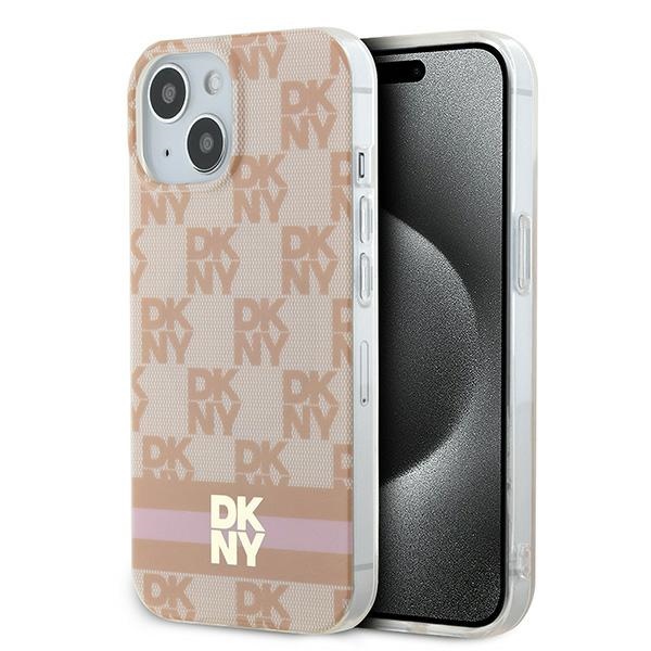 DKNY IML rūtainais mono raksts un drukātas svītras Magnētiskais viedtālruņa apvalks iPhone 15 / 14 / 13 - rozā