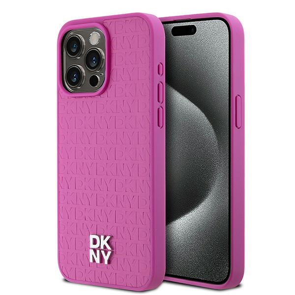 DKNY Ādas monogrammas raksta metāla logotips Magnētiskais viedtālruņa apvalks iPhone 15 Pro Max - rozā