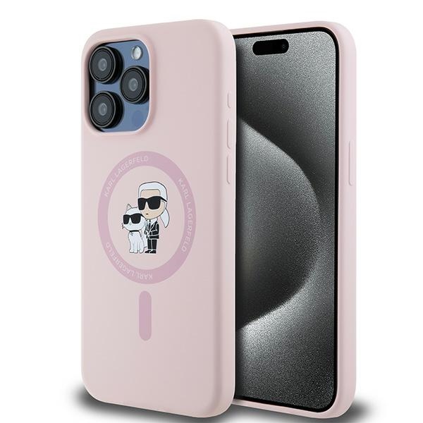 Karl Lagerfeld silikona Karl&Choupette magnētiskais viedtālruņa apvalks iPhone 15 Pro - rozā