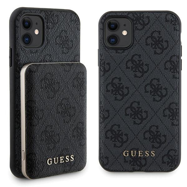Guess 4G Metal Logo viedtālruņa apvalks komplekts iPhone 11 + 5000mAh Magnētiskā portatīvais lādētājs - melna