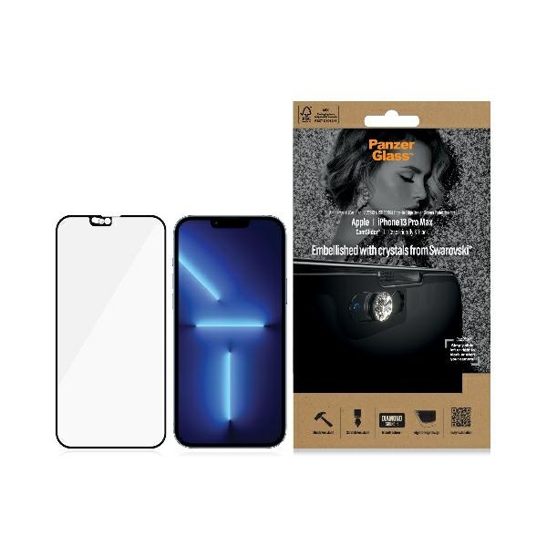 PanzerGlass E2E Microfracture antibakteriālais stikls ar kameras vāciņu ar Swarovsky kristālu iPhone 13 Pro Max - ar melnu rāmi