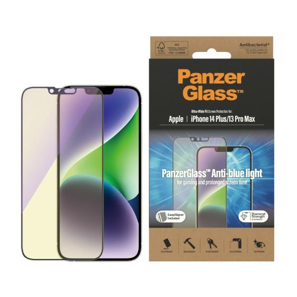 PanzerGlass īpaši plats antibakteriāls aizsargstikls ar zilās gaismas filtru un pozicionētāju iPhone 14 Plus / 13 Pro Max