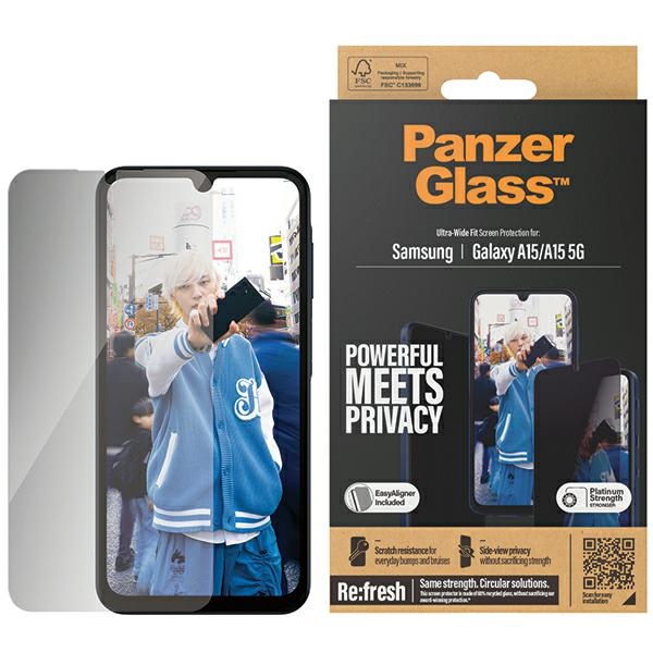 PanzerGlass īpaši plats privātuma aizsargstikls ar pozicionētāju Samsung Galaxy A15 / A15 5G