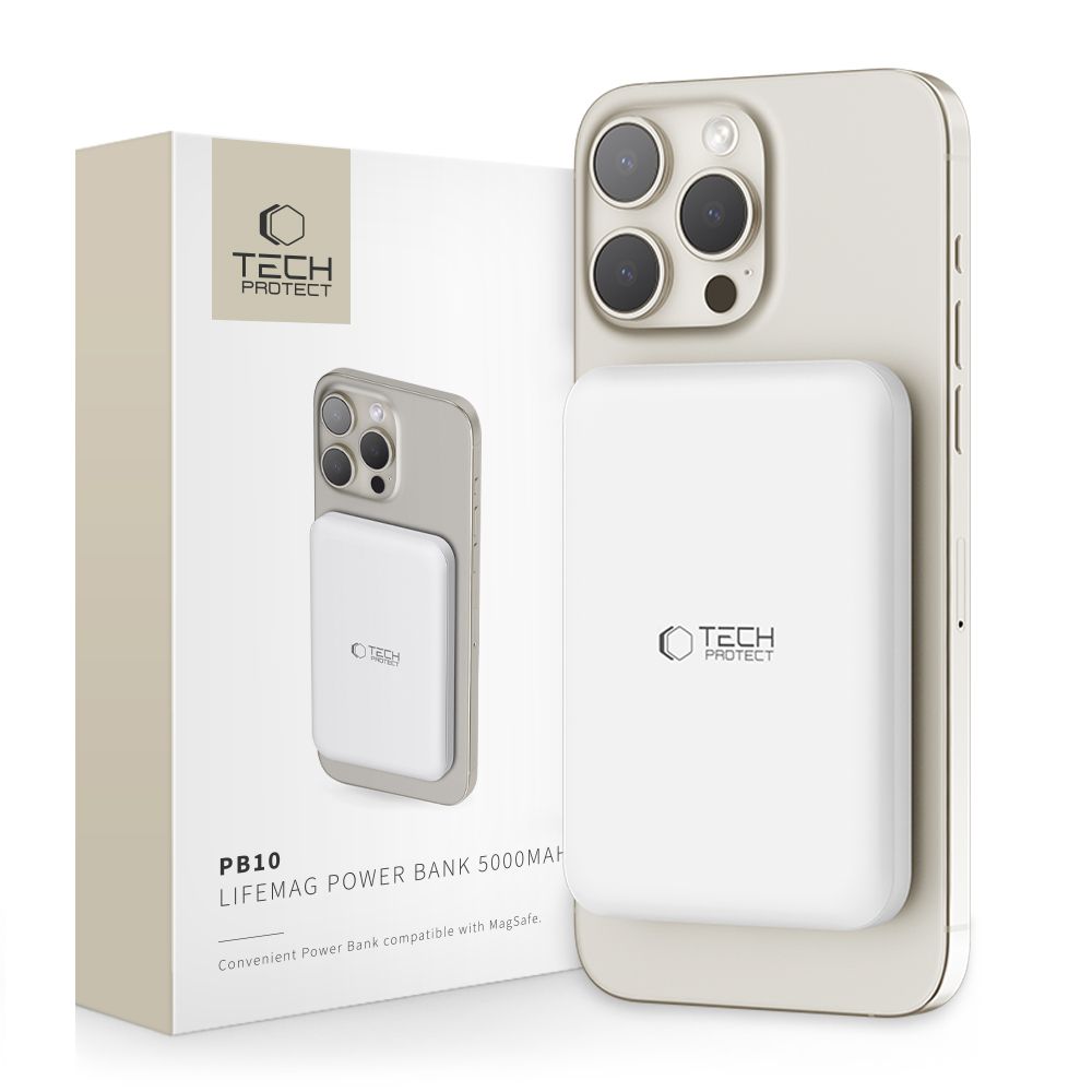 Tech-Protect LifeMag PB10 portatīvais lādētājs ar MagSafe 5000mAh 15W USB-C ports - balta + USB-C kabelis